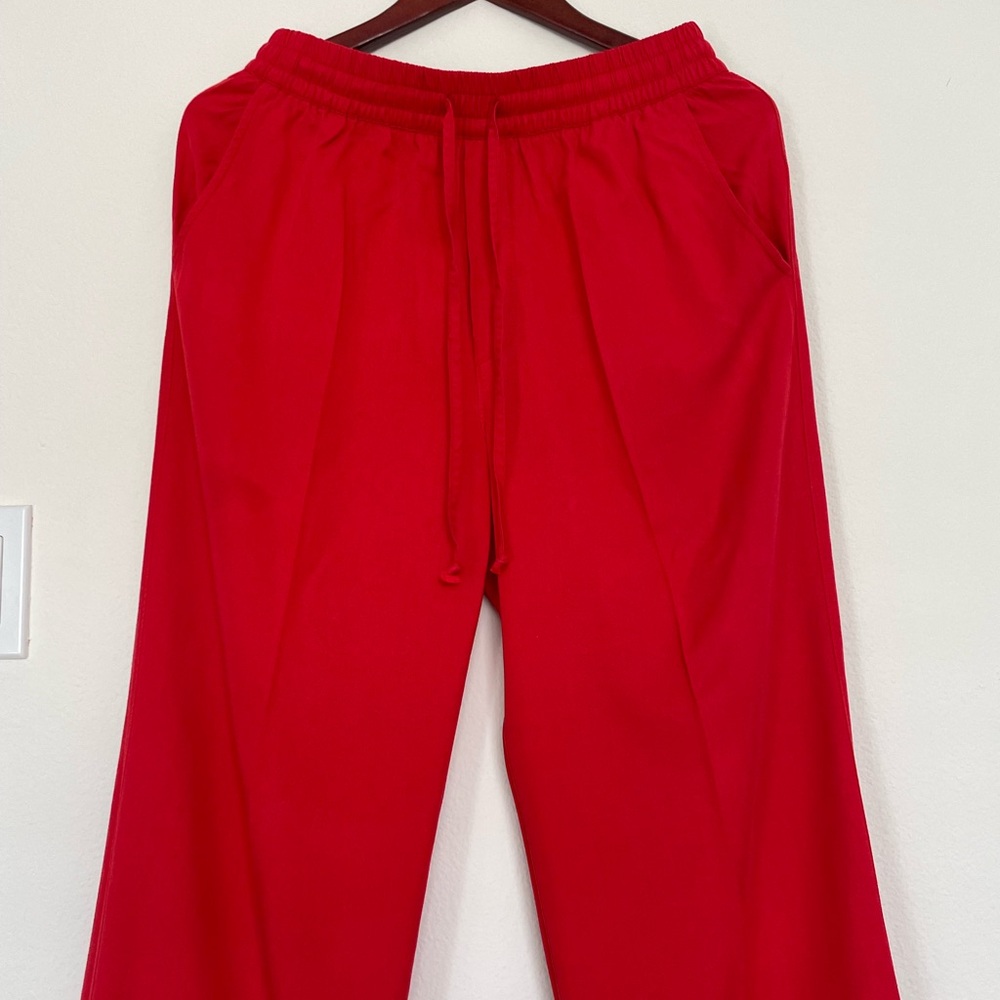 RED COTTON casual pants straight wide slacks pockets